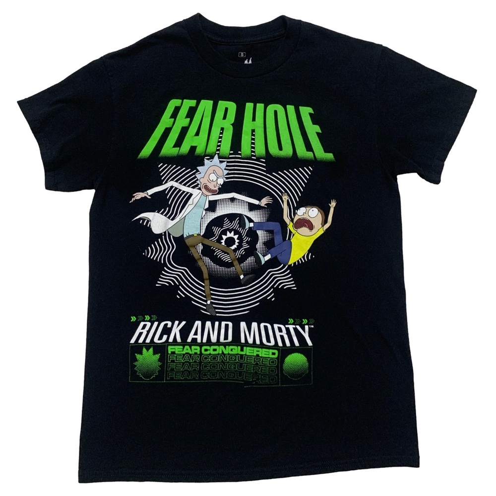 Rick & Morty Black Fear Hole Graphic Cartoon Short Sleeve Crew Neck T-Shirt